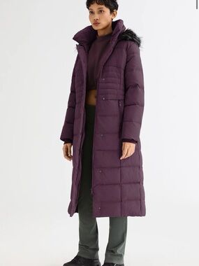 Long Quilted Puffer Coat in Deep Plum with Faux-Fur Trim